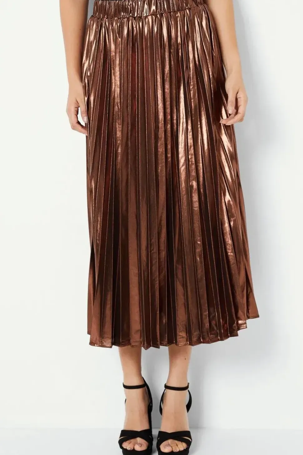 Pleated Foil Midi Skirt
