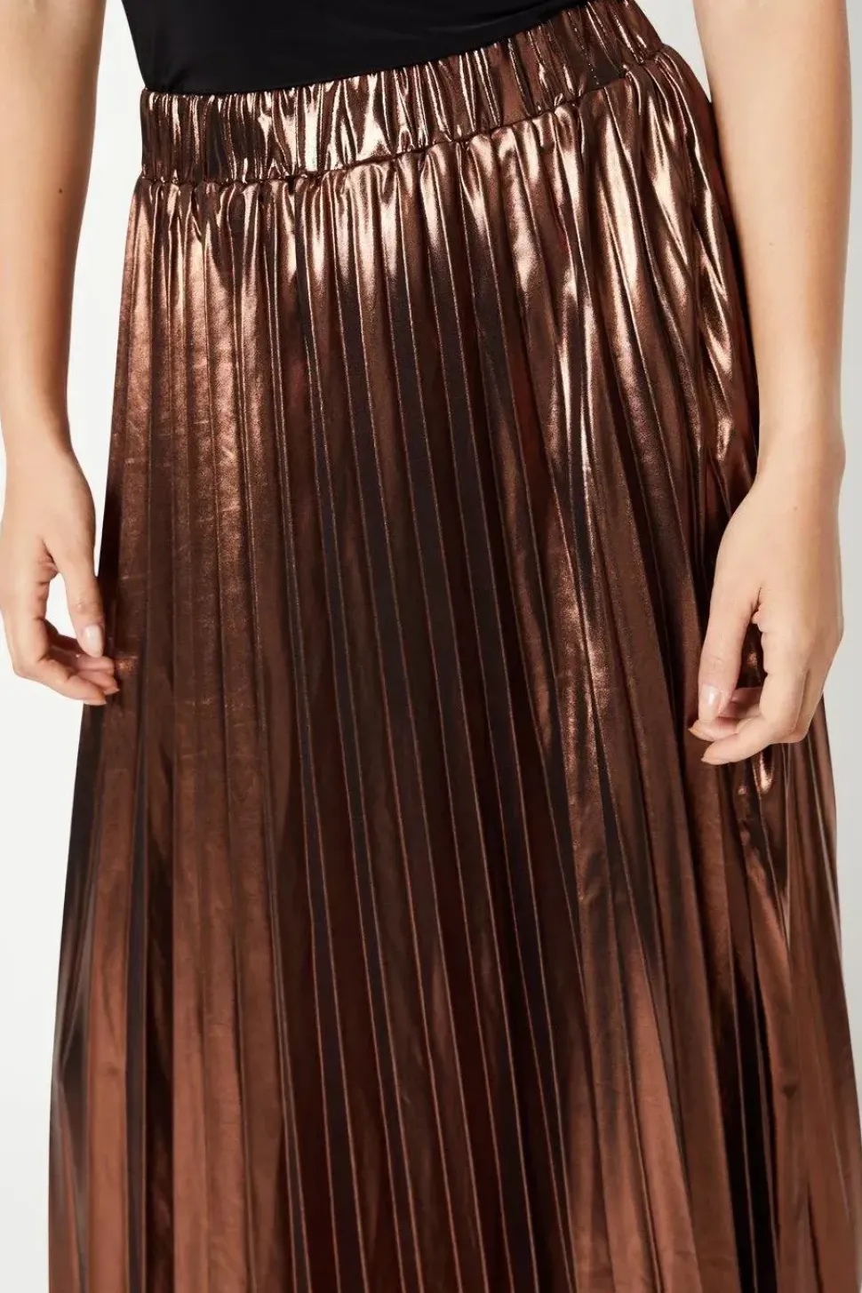 Pleated Foil Midi Skirt