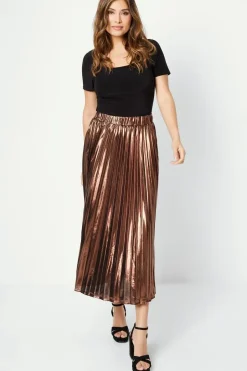 Pleated Foil Midi Skirt