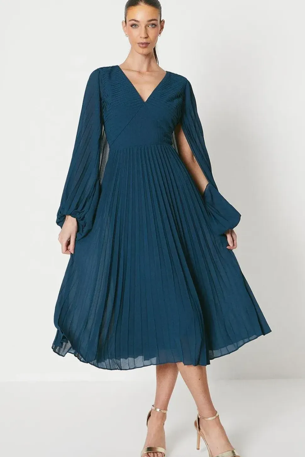 Pleated Georgette Dress With Oversized Sleeve