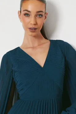Pleated Georgette Dress With Oversized Sleeve