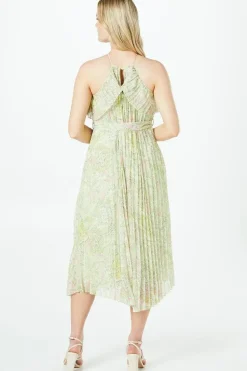 Pleated Halterneck Double Layer Midi Dress