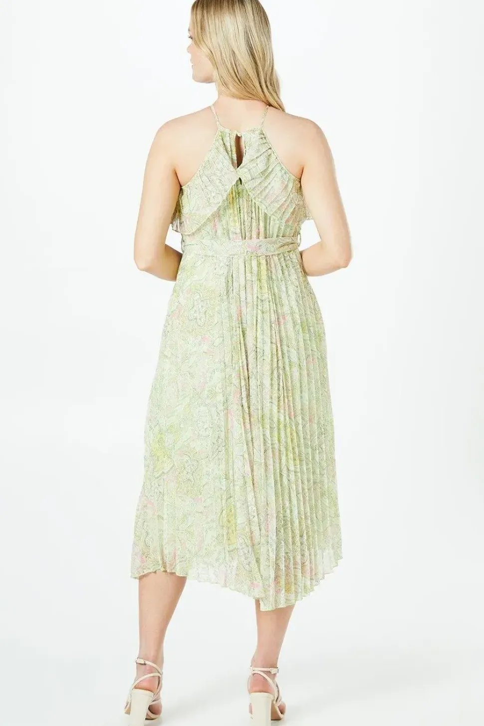 Pleated Halterneck Double Layer Midi Dress