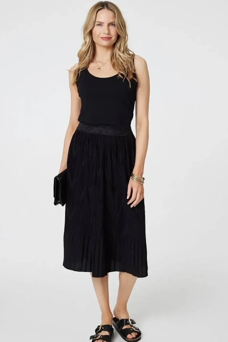 Pleated High Waist A-Line Midi Skirt