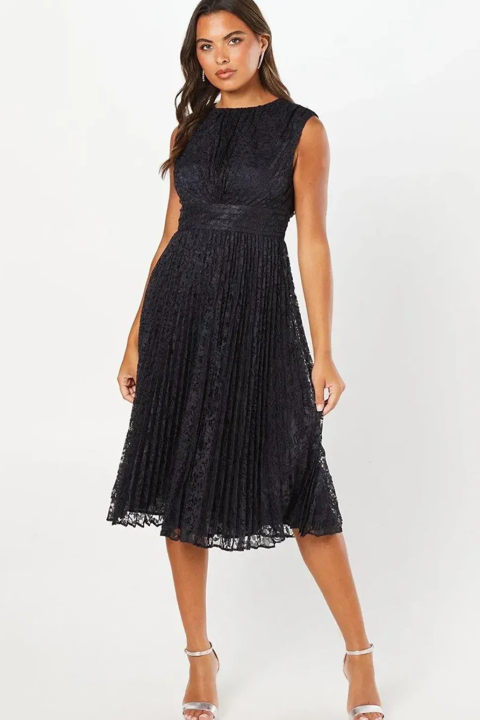 Pleated Lace Midi Wedding Guest Dress