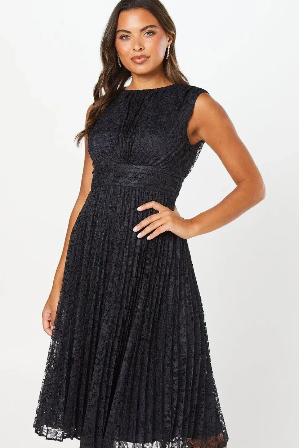 Pleated Lace Midi Wedding Guest Dress