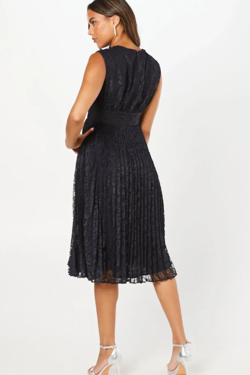 Pleated Lace Midi Wedding Guest Dress