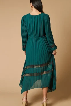 Pleated Lace Trim Insert Wrap Midi Dress