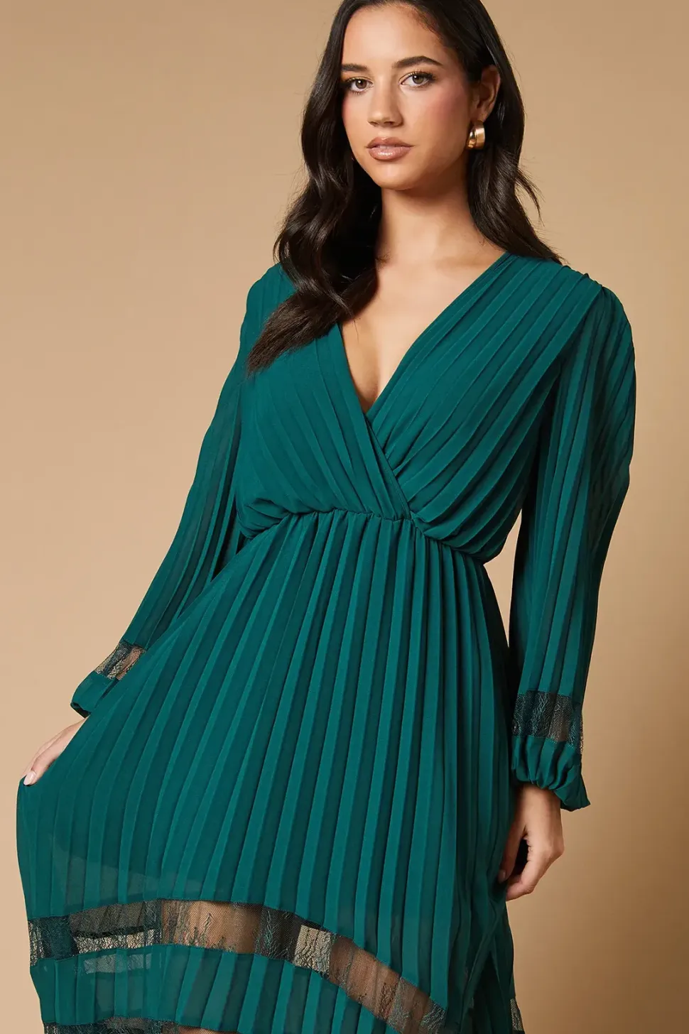 Pleated Lace Trim Insert Wrap Midi Dress