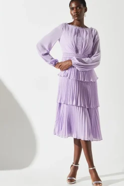 Pleated Lace Trim Tiered Midi Dress