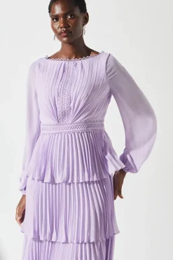 Pleated Lace Trim Tiered Midi Dress