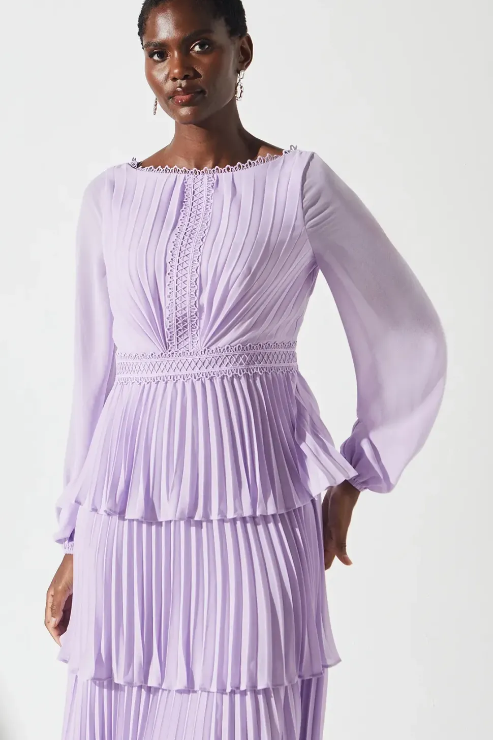Pleated Lace Trim Tiered Midi Dress