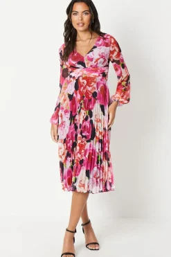 Pleated Long Sleeve Midi Dress