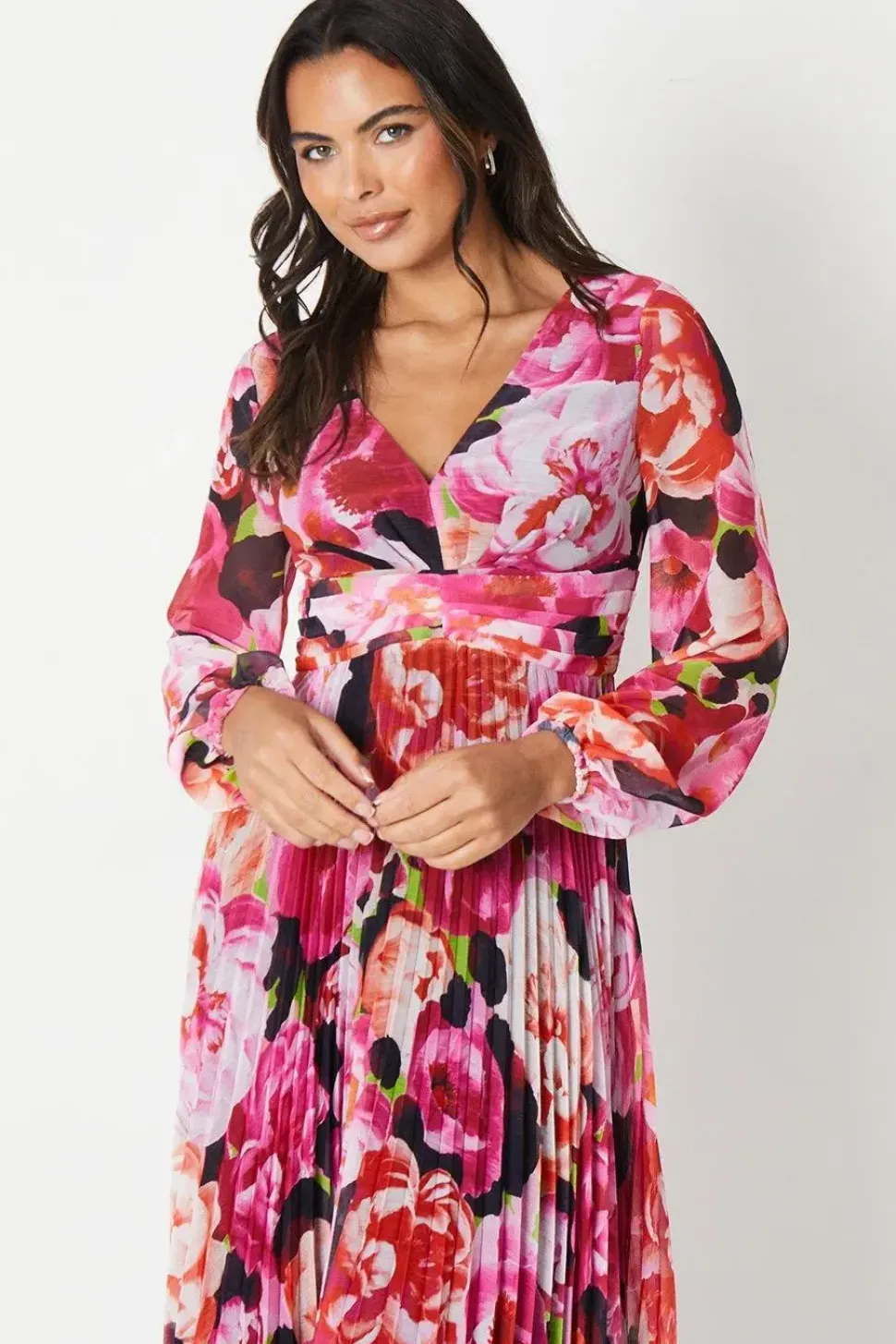 Pleated Long Sleeve Midi Dress