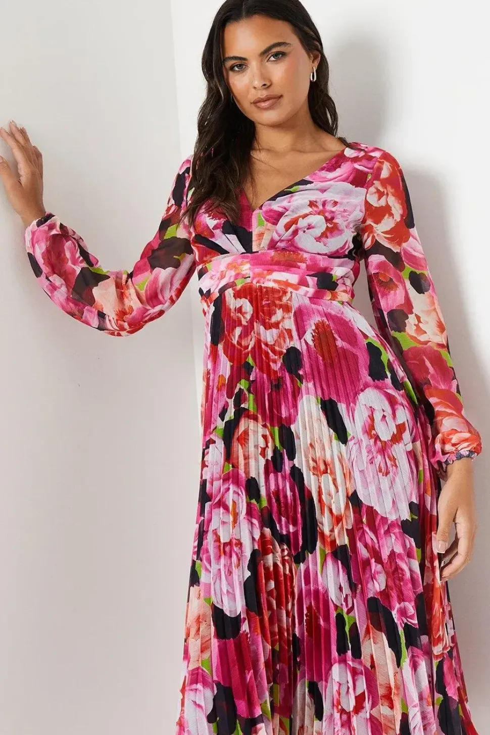 Pleated Long Sleeve Midi Dress