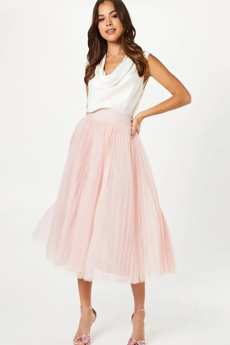Pleated Mesh Full Midi Skirt