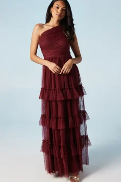 Pleated Mesh One Shoulder Tiered Bridesmaids Dress