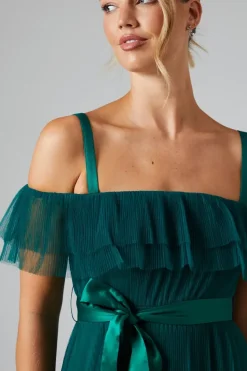 Pleated Mesh Tiered Skirt Bridesmaids Dress With Satin Belt