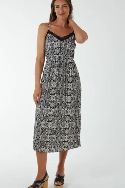 Pleated Midi Slip Dress With Lace Trim