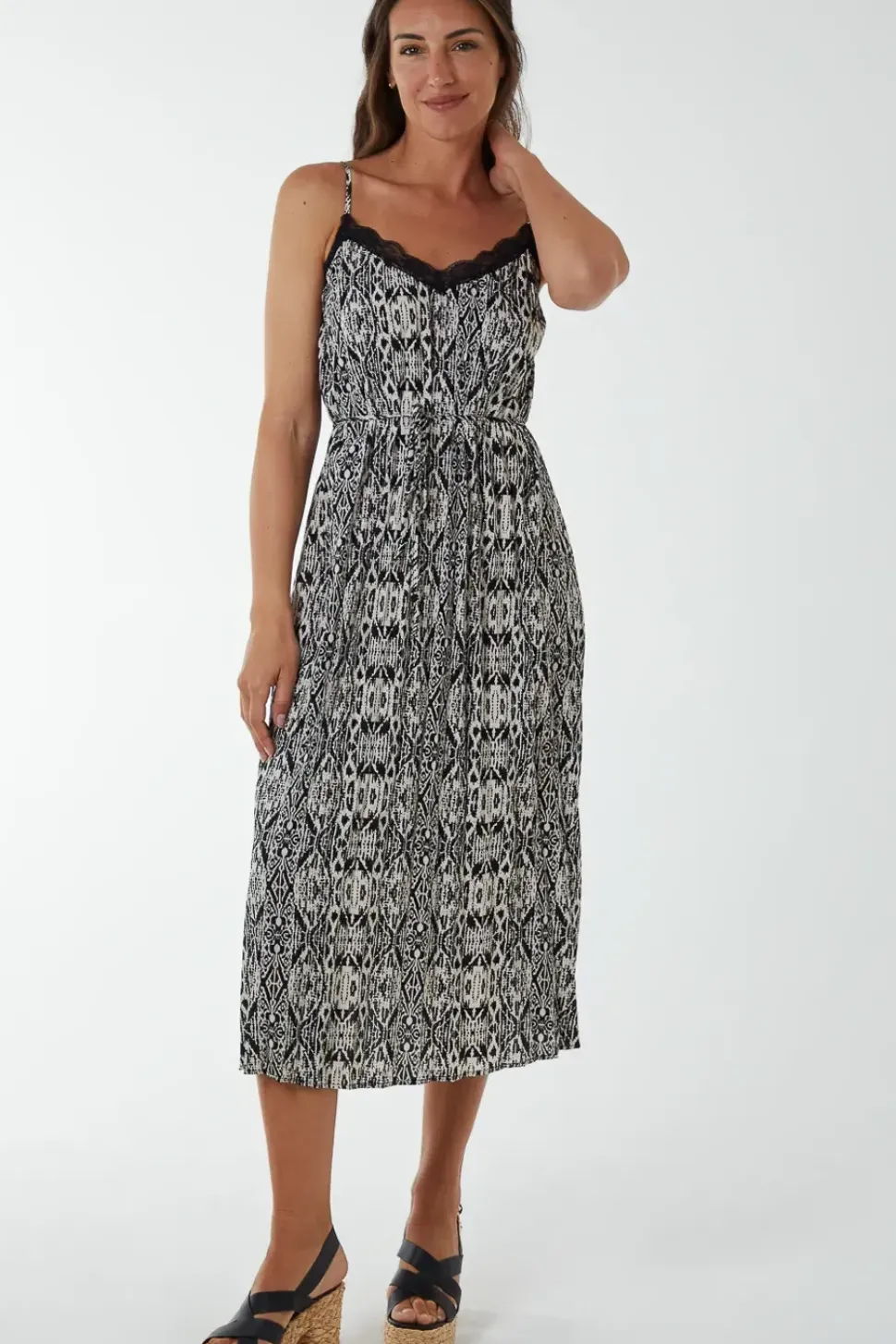 Pleated Midi Slip Dress With Lace Trim