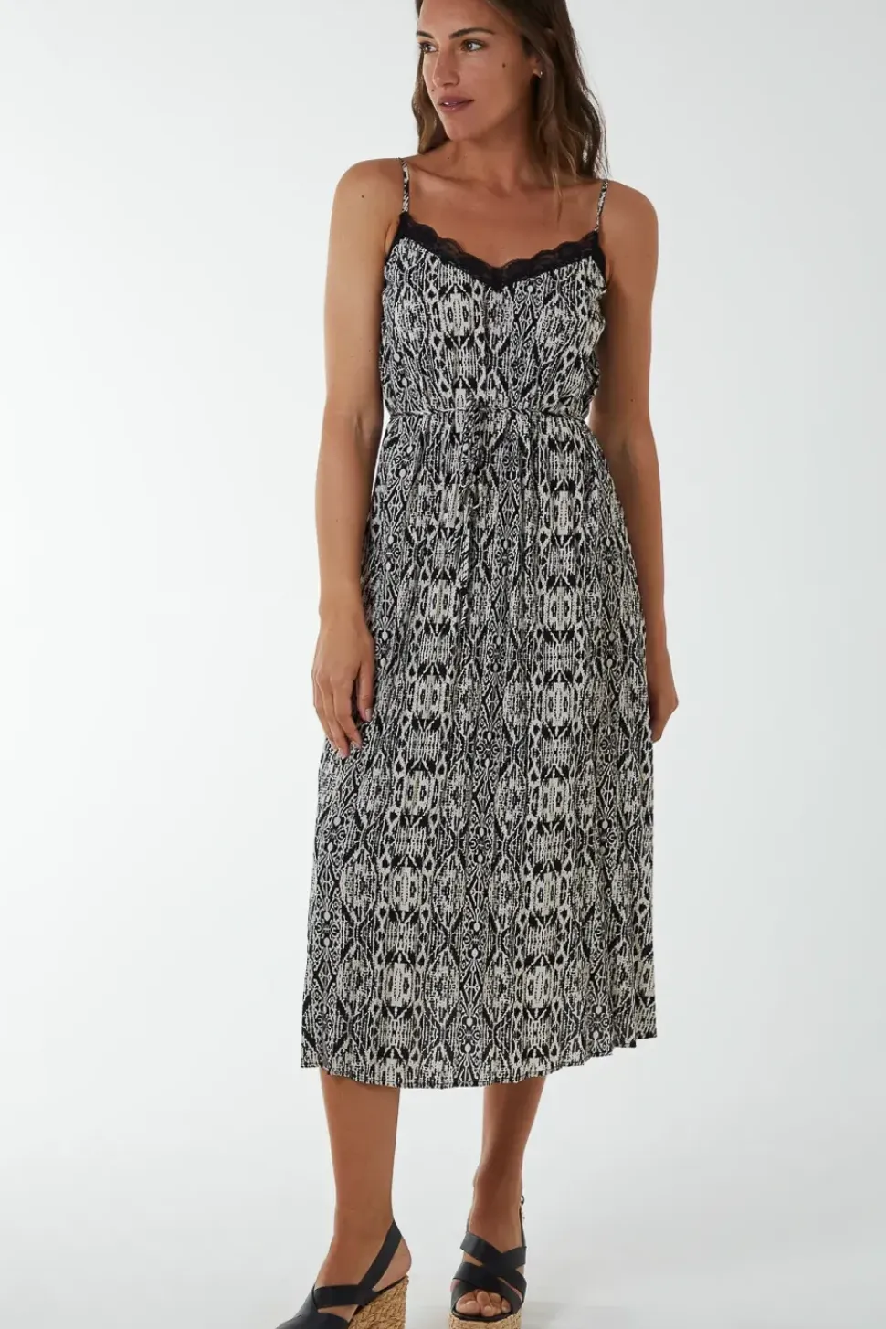 Pleated Midi Slip Dress With Lace Trim