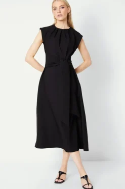 Pleated Neck Tie Waist Midi Dress