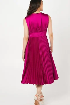 Pleated Satin Midi Wedding Guest Dress