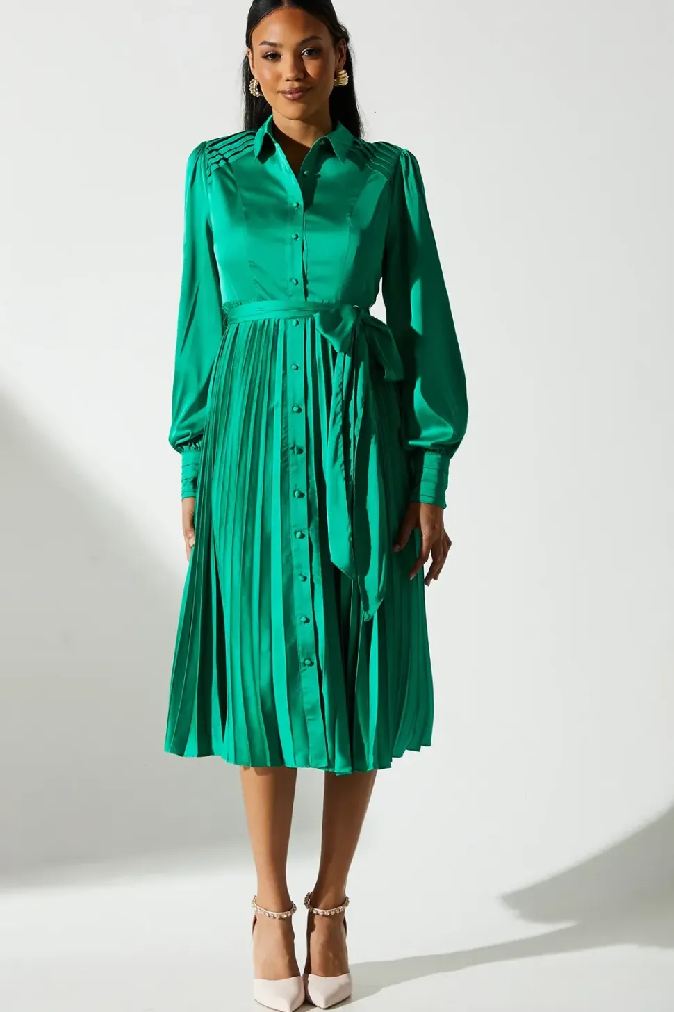 Pleated Satin Shirt Dress