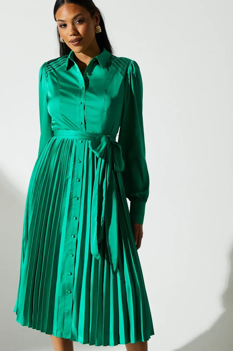 Pleated Satin Shirt Dress