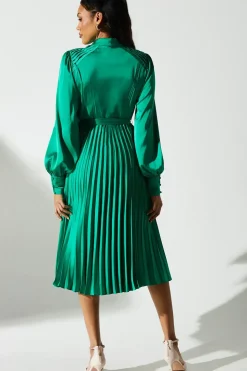 Pleated Satin Shirt Dress
