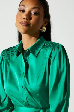 Pleated Satin Shirt Dress