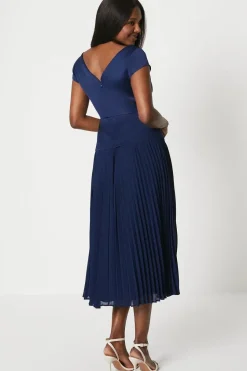 Pleated Skirt Overlay Bodice Midi Dress