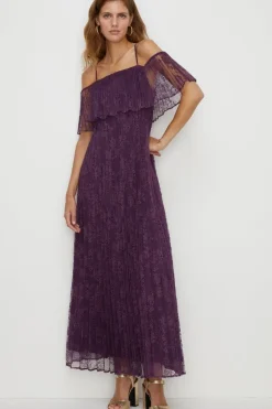 Pleated Strappy Tiered Lace Maxi Dress