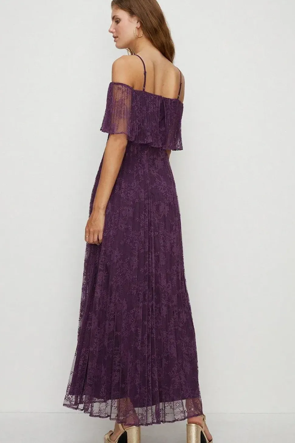 Pleated Strappy Tiered Lace Maxi Dress