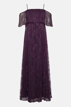 Pleated Strappy Tiered Lace Maxi Dress