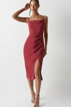 Pleated Strappy Wrap Over Satin Bridesmaids Dress