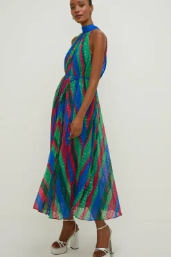 Pleated Stripe Halter Neck Trapeze Midi Dress