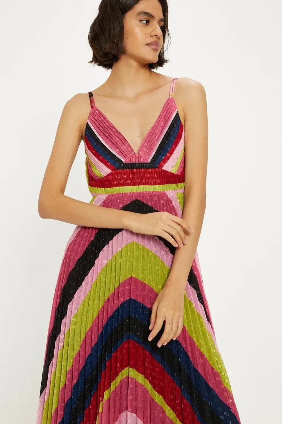 Pleated Stripe Metallic Strappy Midi Dress