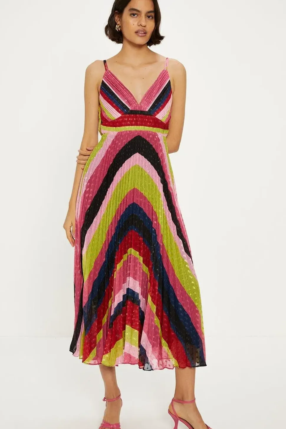 Pleated Stripe Metallic Strappy Midi Dress