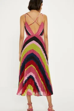 Pleated Stripe Metallic Strappy Midi Dress