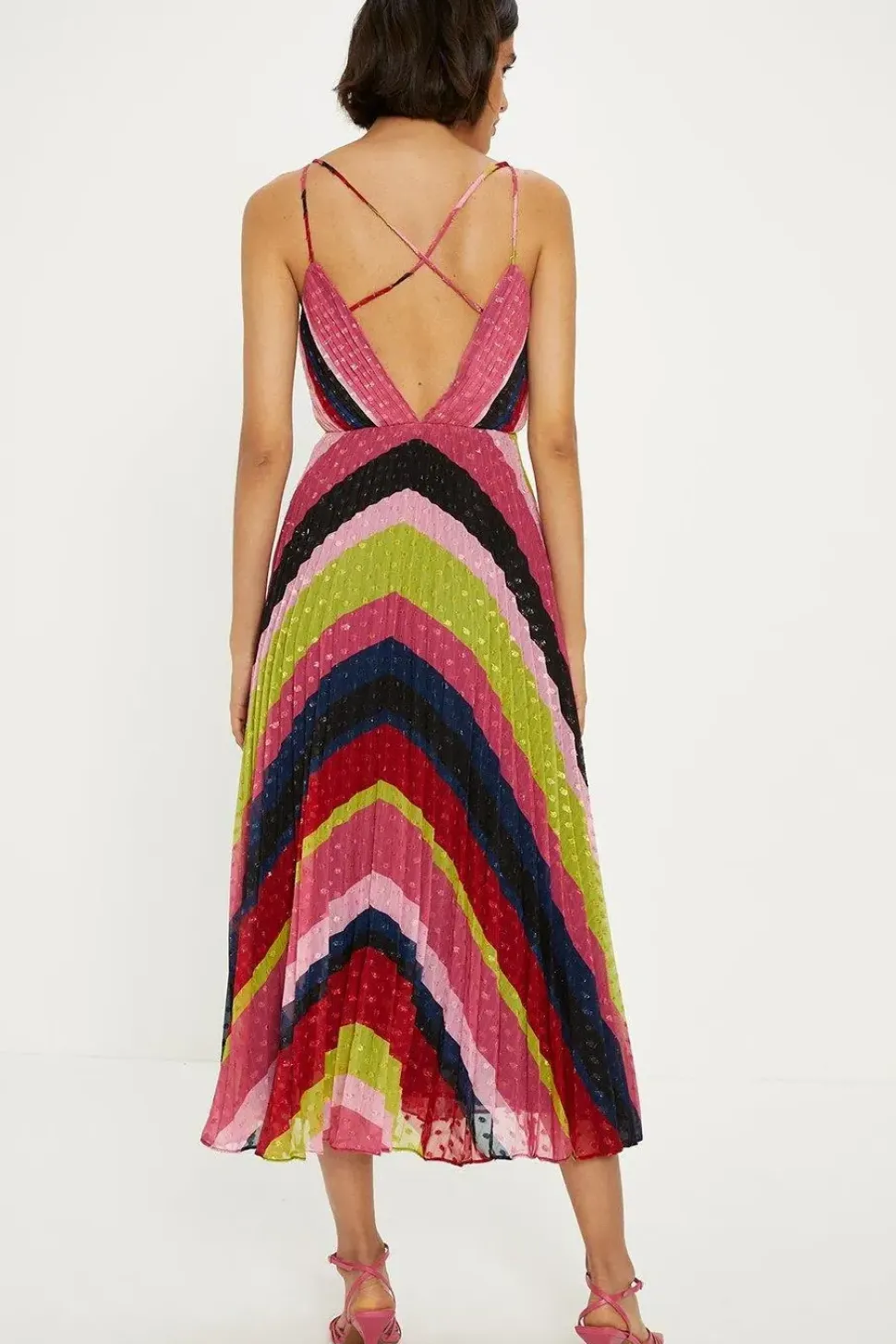 Pleated Stripe Metallic Strappy Midi Dress