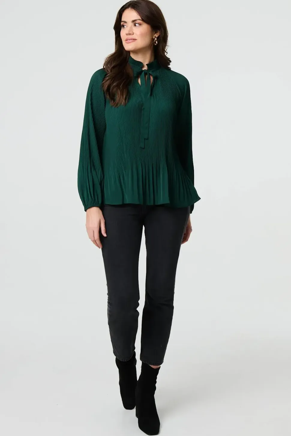 Pleated Tie Neck Long Sleeve Blouse