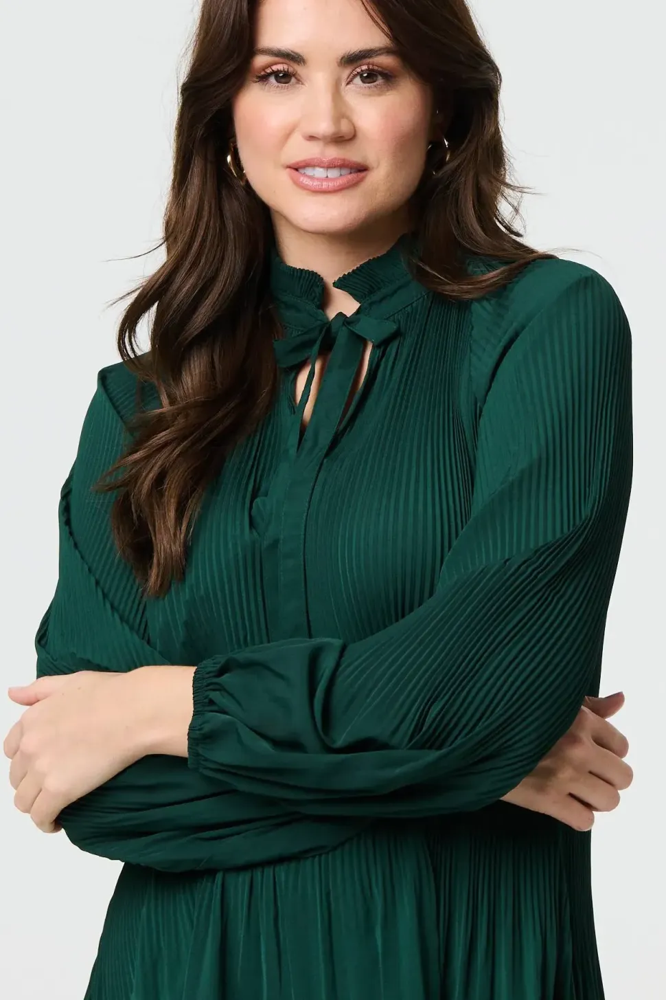 Pleated Tie Neck Long Sleeve Blouse