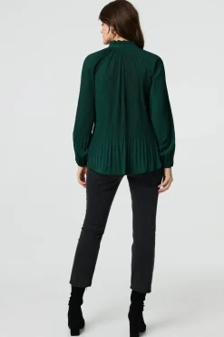 Pleated Tie Neck Long Sleeve Blouse