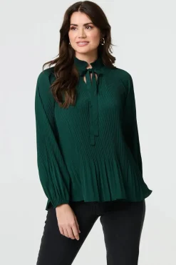 Pleated Tie Neck Long Sleeve Blouse