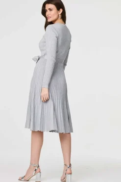 Pleated Tie Waist Ribbed Knit Midi Dress