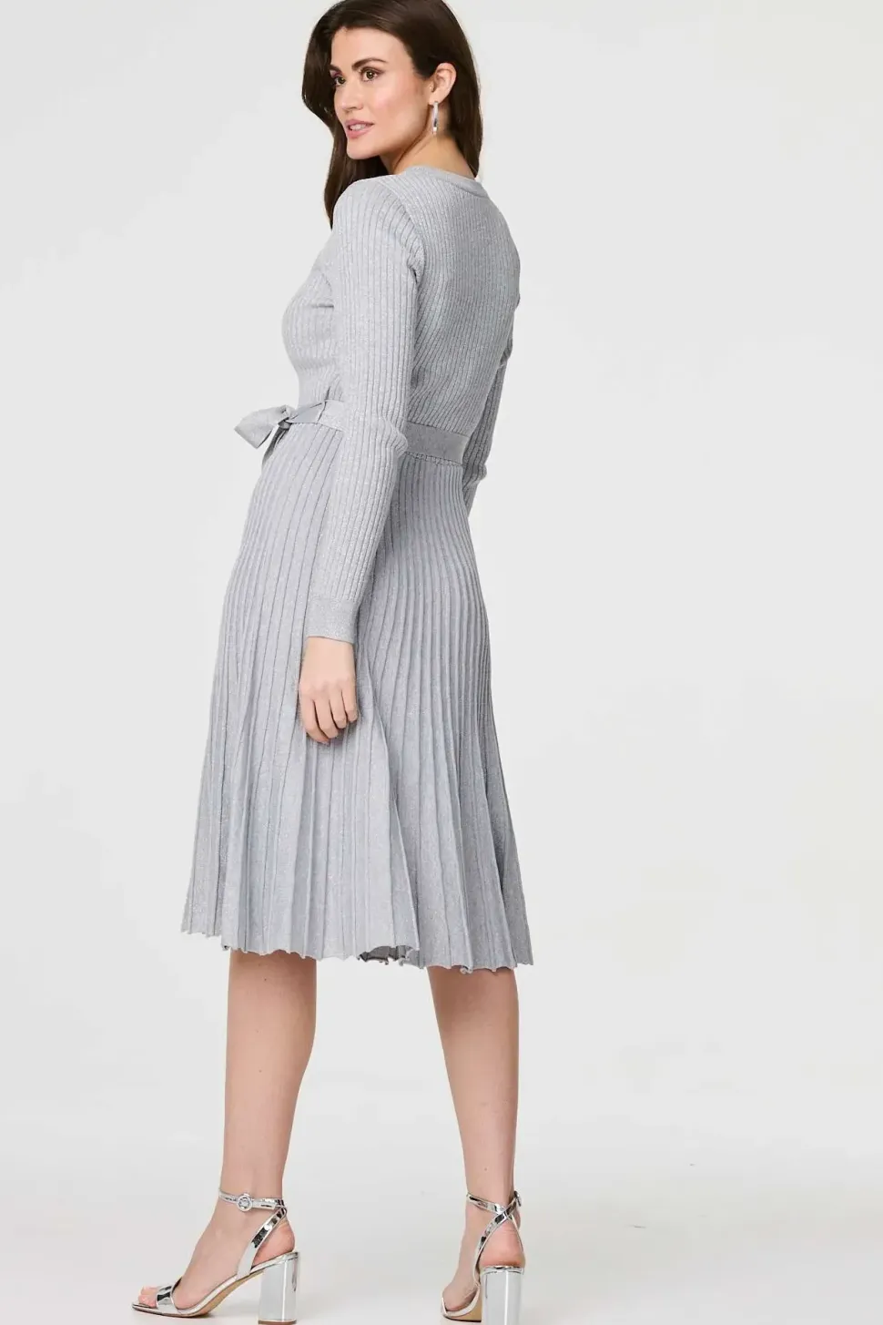 Pleated Tie Waist Ribbed Knit Midi Dress