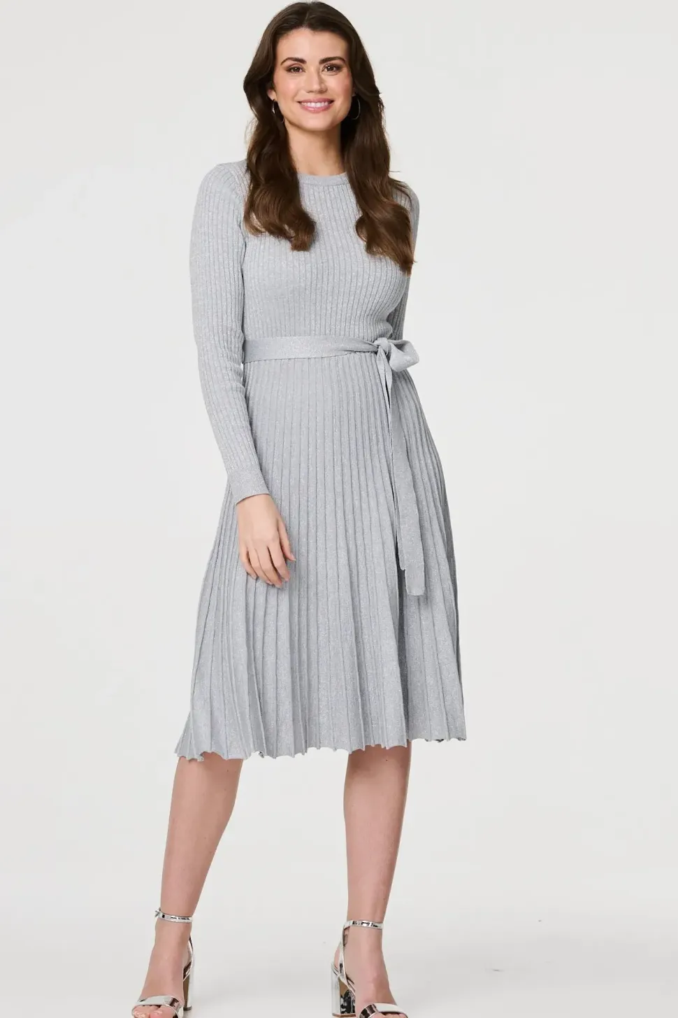 Pleated Tie Waist Ribbed Knit Midi Dress
