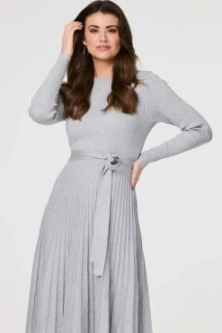 Pleated Tie Waist Ribbed Knit Midi Dress