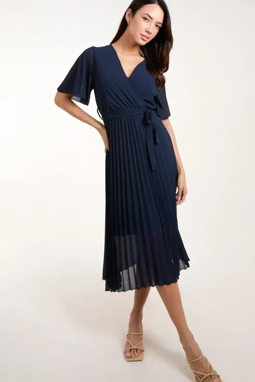 Pleated Wrap Over Belted Dress